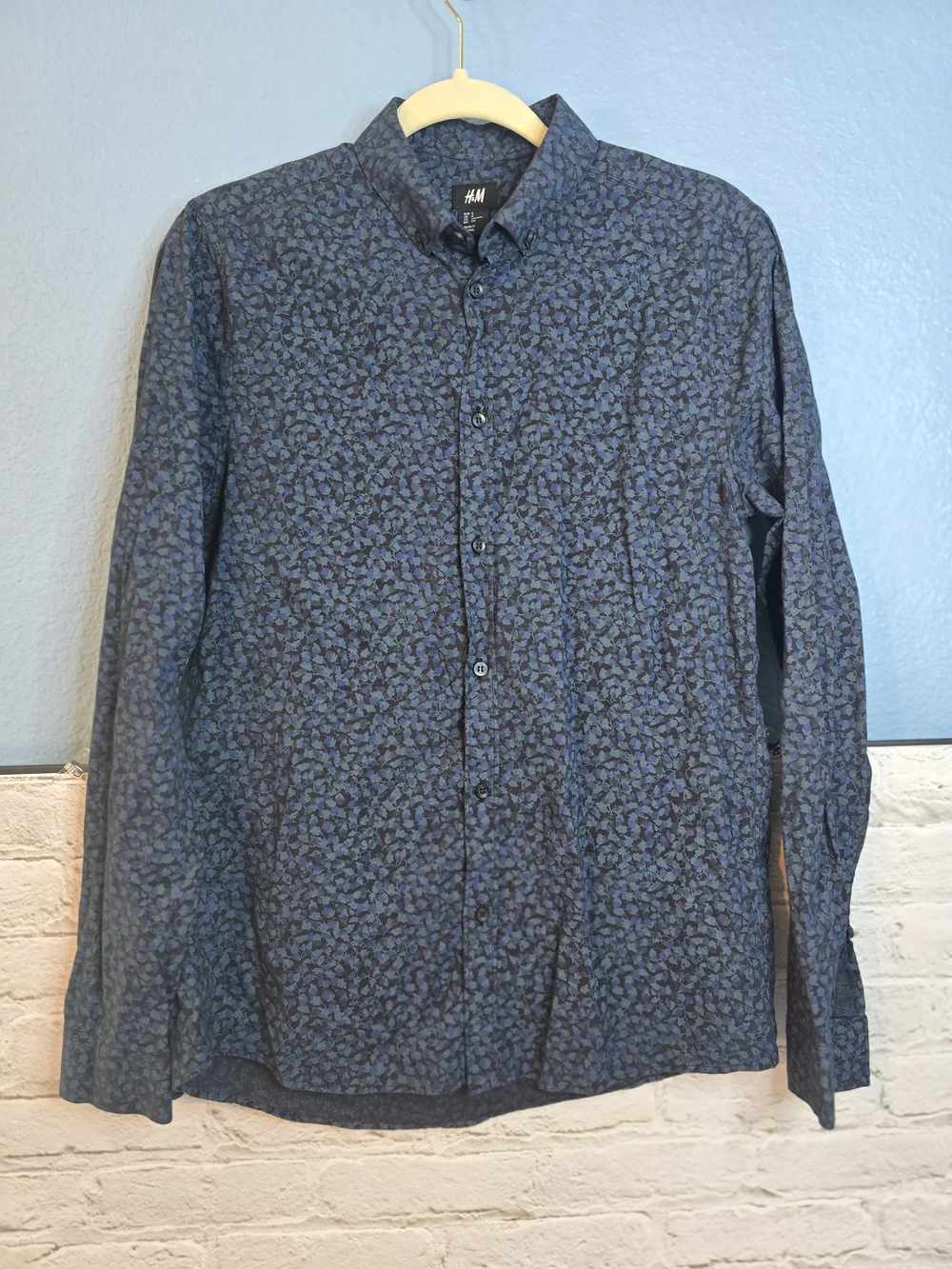 H&M Navy Blue Patterned Long-Sleeve Shirt Sz S